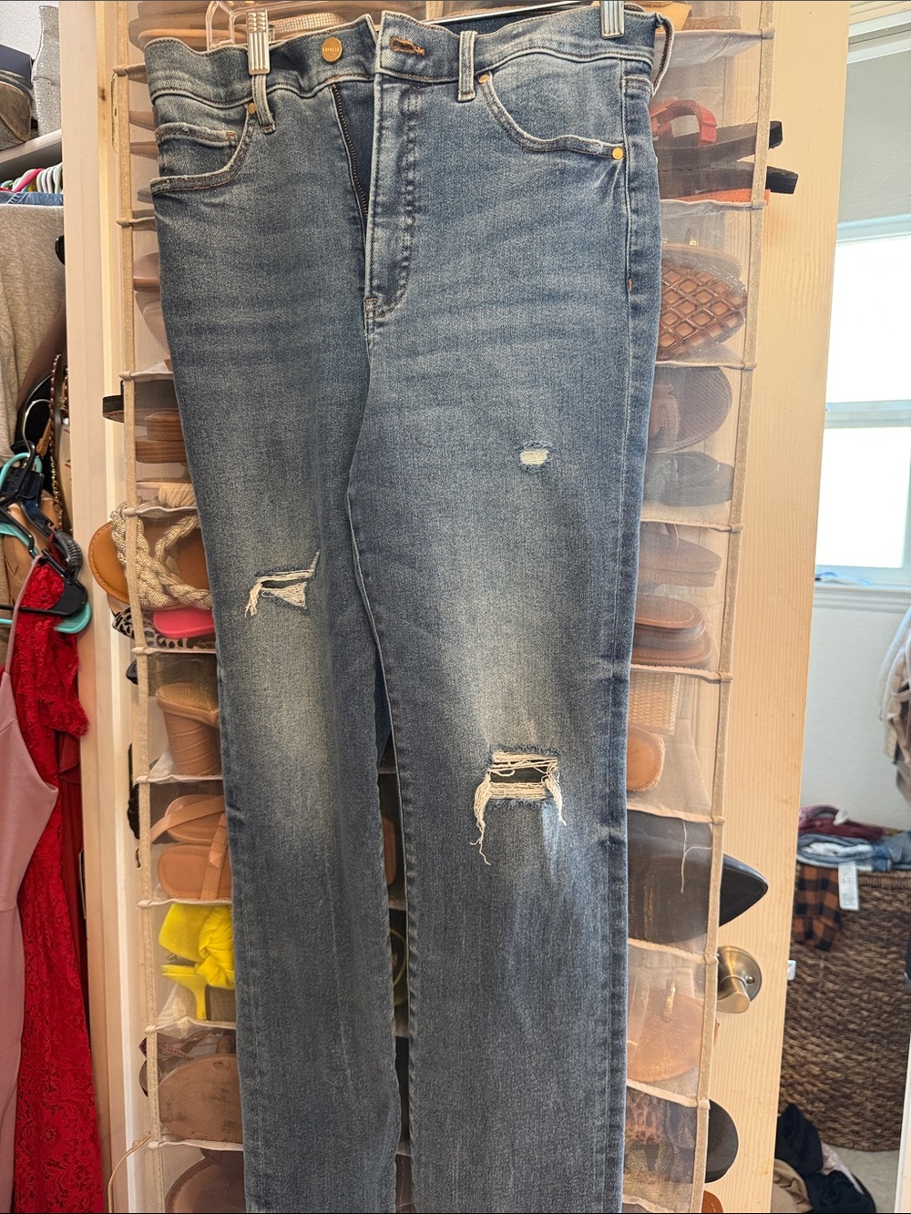 Express Blue Distressed High-Rise Straight Jeans